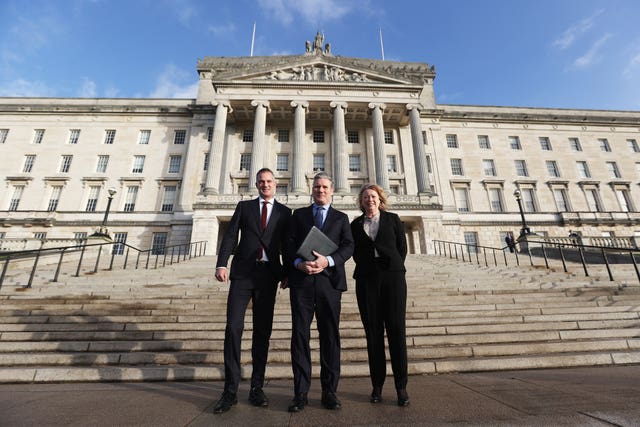Shadow Secretary of State for Northern Ireland Peter Kyle, left to right, Labour leader Sir Keir Starmer and shadow leader of the House of Lords Baroness Angela Smith at Parliament Buildings in Stormont
