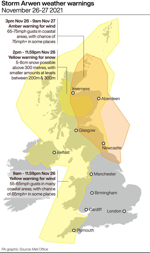 Storm Arwen weather warnings