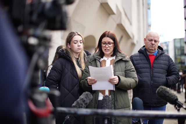 From left, Casey Hoath, Kerrie Hoath and Jason Hoath, speaking outside the Old Bailey