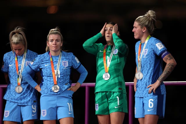 England’s Rachel Daly, Lauren Hemp, Mary Earps and Millie Bright after the FIFA Women’s World Cup final match 