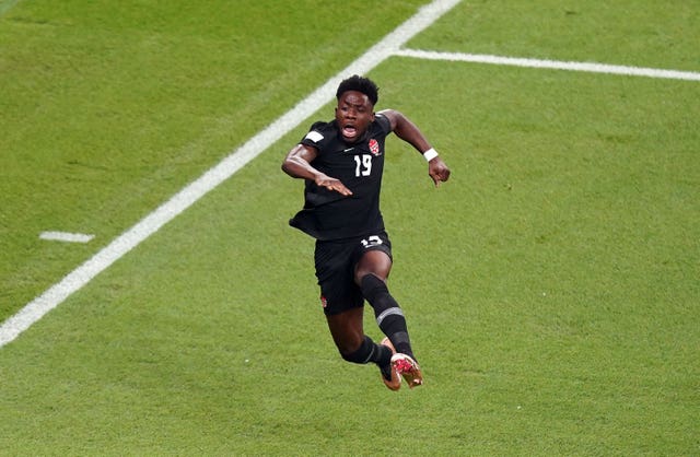 Canada’s Alphonso Davies scoring the opening goal during the FIFA World Cup Group F match at the Khalifa International Stadium, Doha