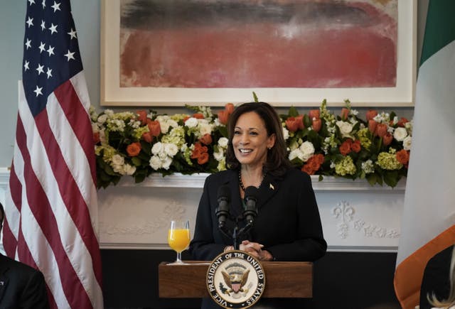 A woman stands at a lectern with the US flag at her side