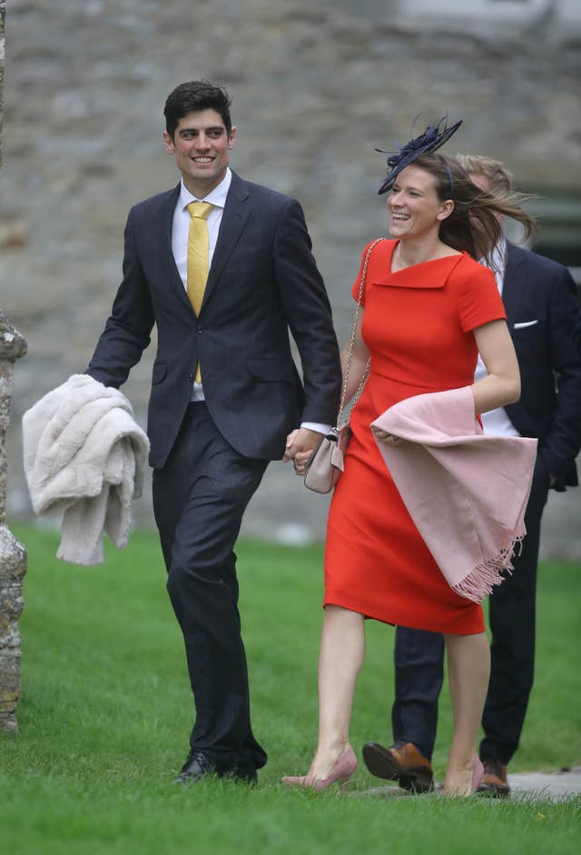Cook with his wife Alice arriving at Ben Stokes' wedding earlier this year