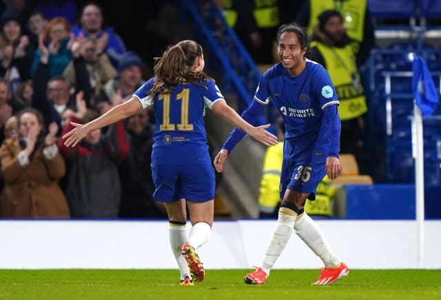 Mayra Ramirez (right) celebrates putting Chelsea ahead on the night