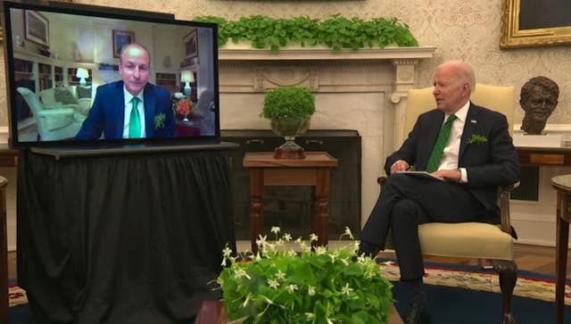 Taoiseach Micheal Martin speaking to then-president Joe Biden via videolink in 2022