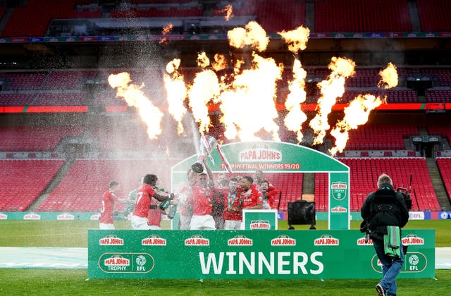 Salford celebrate after winning the delayed 2020 Papa John’s Trophy final at Wembley