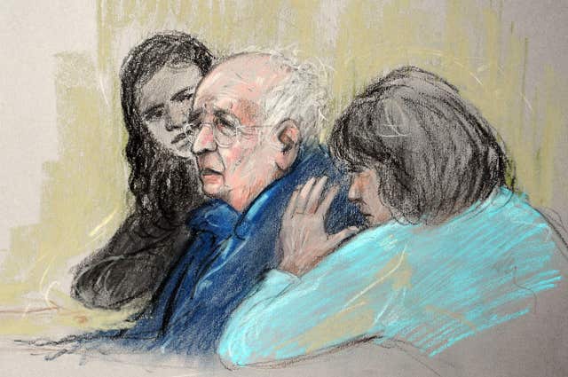 Court artist sketch by Elizabeth Cook of Lord Janner appearing at Westminster Magistrates Court (Elizabeth Cook/PA)