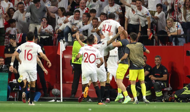 Sevilla celebrates Loic Bade (right) scoring the second goal