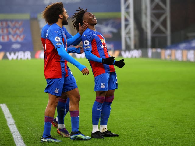 Eberechi Eze celebrates after scoring for Crystal Palace against Wolves 