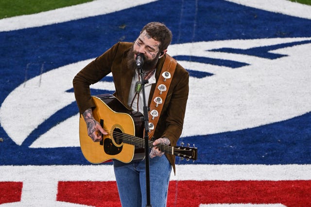 Post Malone during the pre-game ceremony ahead of Super Bowl LVIII, Allegiant Stadium, Las Vegas, Nevada, in February