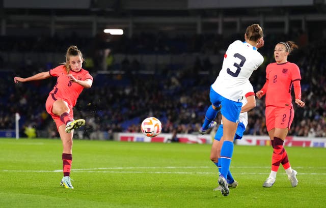 Ella Toone's, left, shot is blocked by the Czech Republic defence