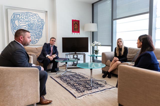 Lissie Harper, the widow of Pc Andrew Harper, alongside Justice Secretary Robert Buckland (second left), Sgt Andy Fiddler, Thames Valley Police Federation (left), and Home Secretary Priti Patel (right) during a meeting at the Home Office in London