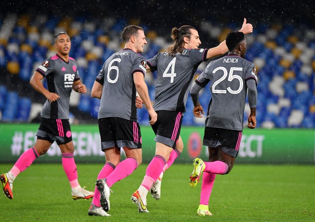 Leicester celebrate Jonny Evans' goal