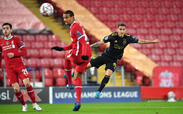 Antony, right, attempts a shot for Ajax against Liverpool