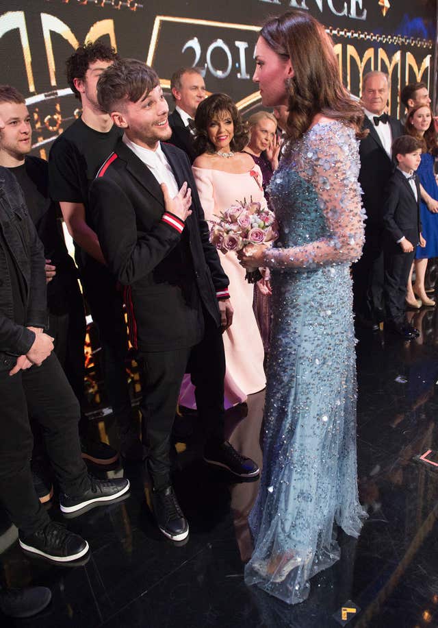 The Duchess of Cambridge meeting Louis Tomlinson last year on stage at the Royal Variety Performance at the London Palladium. (Eddie Mulholland/Daily Telegraph)