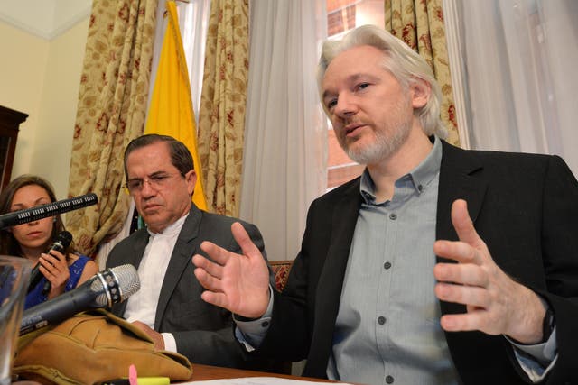 Julian Assange during a press conference inside the Ecuadorian Embassy (John Stillwell/PA)