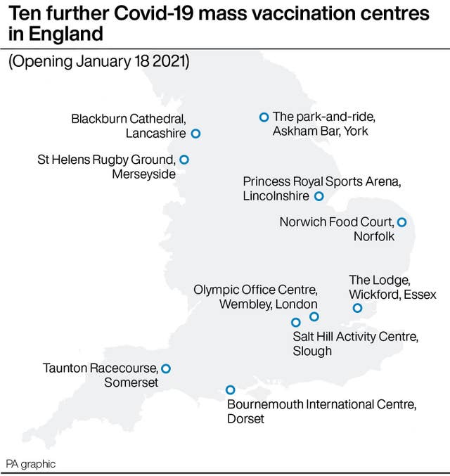Ten further Covid-19 mass vaccination centres in England