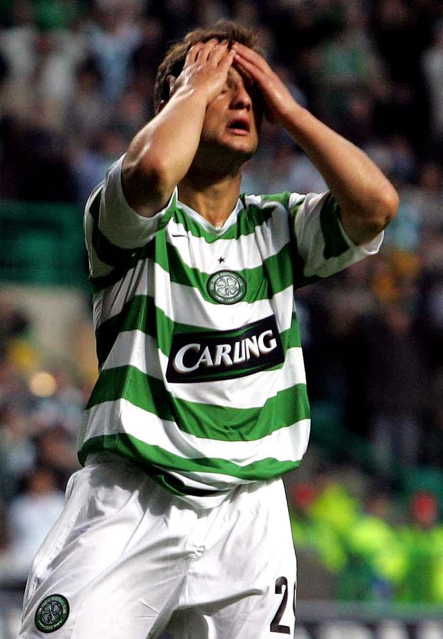 Celtic’s Shaun Maloney shows his dejection as Celtic crash out to Artmedia Bratislava