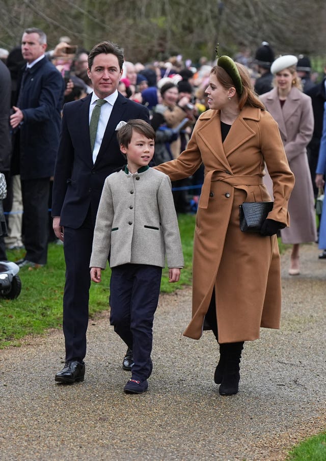 Princess Beatrice, Edoardo Mapelli Mozzi and Wolfie walk to the church in Sandringham