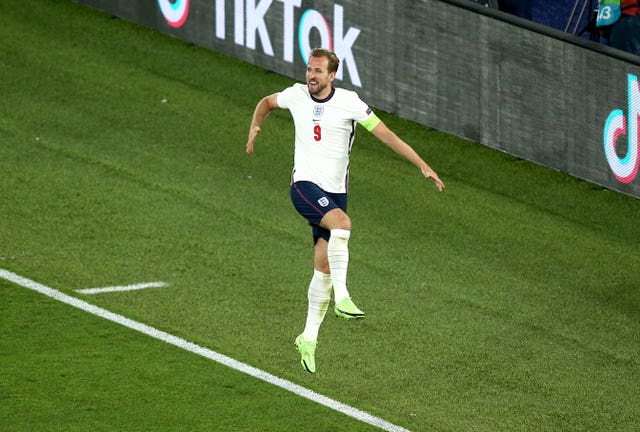 England’s Harry Kane celebrates scoring their side’s third goal of the Euro 2020 quarter-final win over Ukraine