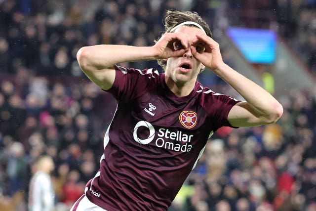 Hearts' Tomas Magnusson celebrates scoring against St Mirren