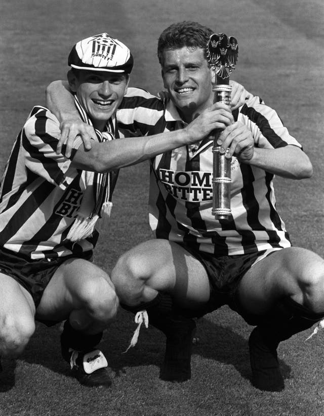 Tommy Johnson, left, and Craig Short celebrate Notts County's promotion via the 1990 Division Three play-offs