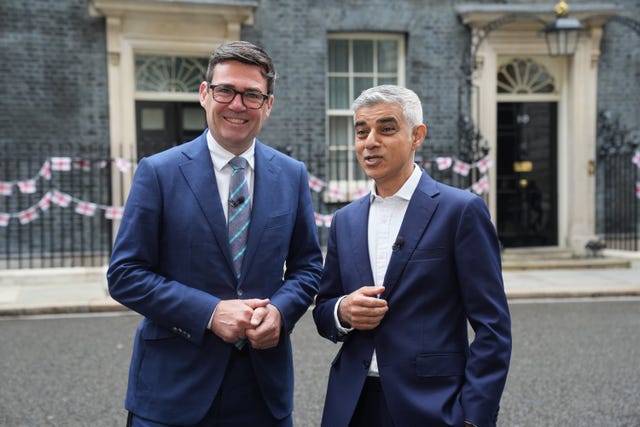 Mayor of Greater Manchester Andy Burnham and Mayor of London Sadiq Khan outside 10 Downing Street in Westminster, central London, following a meeting with Prime Minister Sir Keir Starmer and English regional mayors