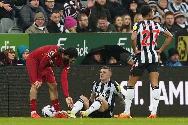 Newcastle defender Kieran Trippier (centre) suffered a calf injury against Wolves in March (Owen Hump