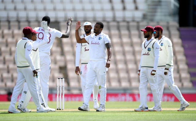 Shannon Gabriel (centre) celebrates after the wicket of Dom Sibley
