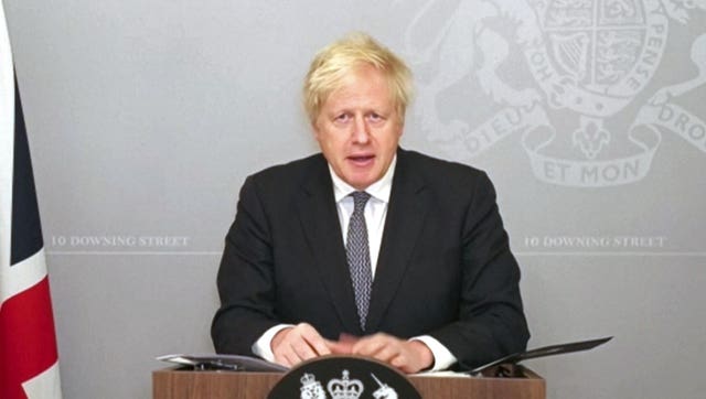 Prime Minister Boris Johnson appears via video link from 10 Downing Street to make a statement to the House of Commons in London, setting out plans for a new three-tier system of controls for coronavirus, which will come into place once lockdown ends in England