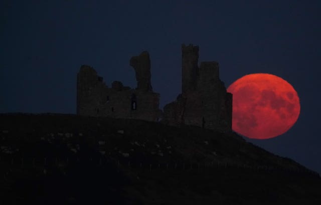 The Sturgeon supermoon, the final supermoon of the year rises over Dunstanburgh Castle in Northumberland 