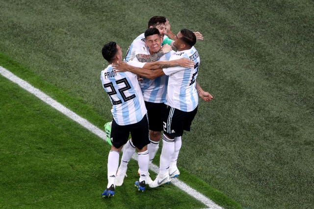 Marcos Rojo, centre, celebrates his goal which earned Argentina a 2-1 win over Nigeria