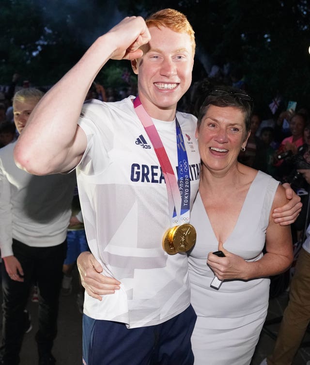 Tom Dean, with his mother Jacquie Hughes at a welcome home party at his family home in Taplow after he returned from the Tokyo 2020 Olympic Games 