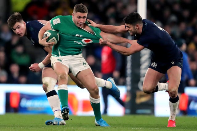 The recalled Jordan Larmour, centre, is part of an all-Leinster backline