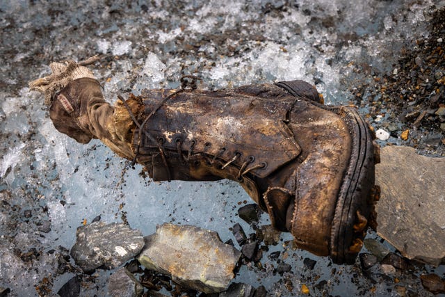 The sock and boot discovered on the Central Rongbuk Glacier below the North Face of Mount Everest