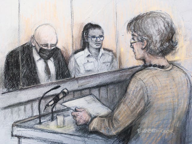 Court artist sketch by Elizabeth Cook of Susan Everard (right), the mother of Sarah Everard, reading a victim impact statement as former Metropolitan Police officer Wayne Couzens (left), 48, sits in the dock (Elizabeth Cook/PA)
