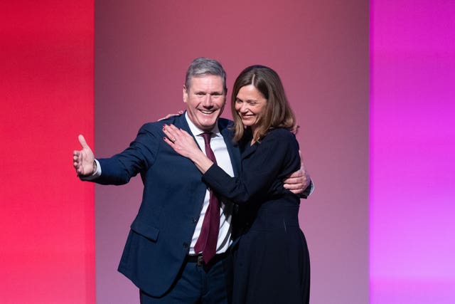 Labour leader Sir Keir Starmer is joined by his wife Victoria on stage after delivering his keynote speech to the Labour Party conference in Brighton