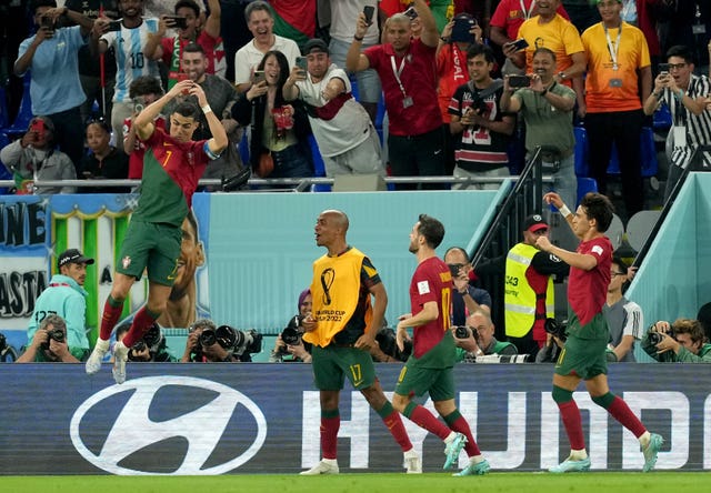 Portugal’s Cristiano Ronaldo celebrates scoring at the World Cup