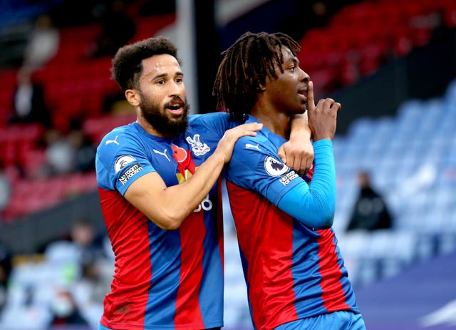 Eberechi Eze (right) celebrated his first goal for Crystal Palace with a fine free-kick