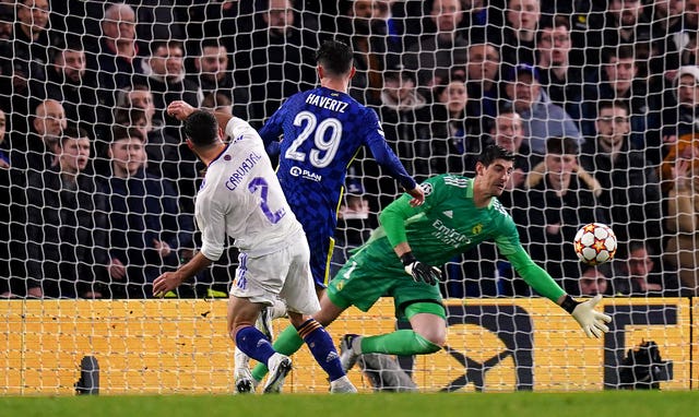 Kai Havertz (centre) scored to give Chelsea something to take to Madrid. 