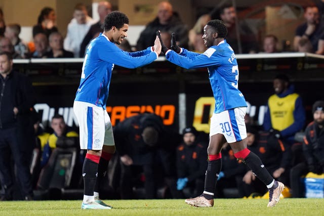 Fashion Sakala (right) celebrates scoring Rangers' first goal in a 2-0 win at Dundee United that takes them to 16 points from a possible 18 under new boss Michael Beale in the cinch Premiership (Jane Barlow/PA).