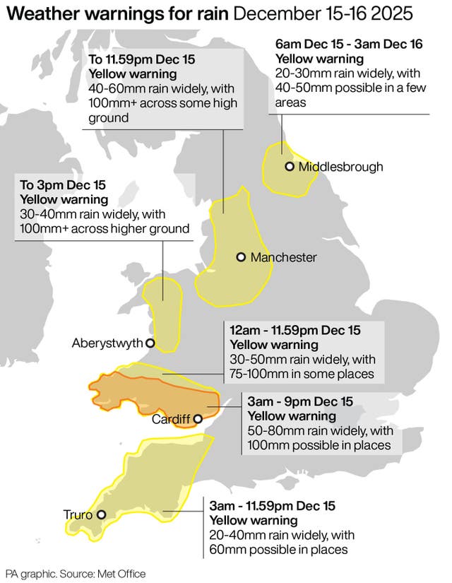 Weather warnings for rain December 15-16 2025
