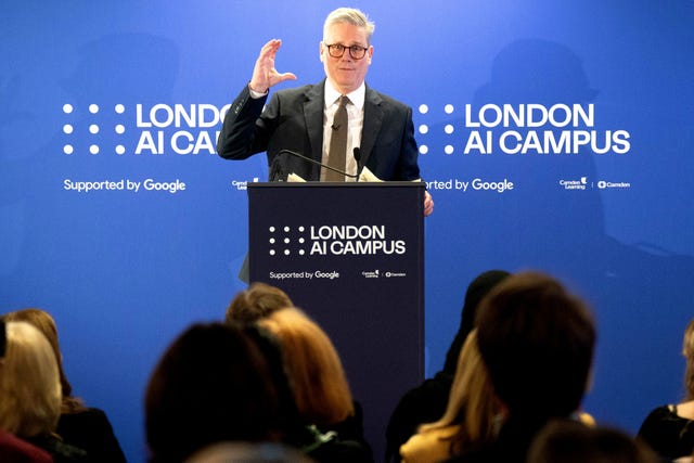 Prime Minister Sir Keir Starmer gesticulates as he gives a speech at Google's London AI Campus.