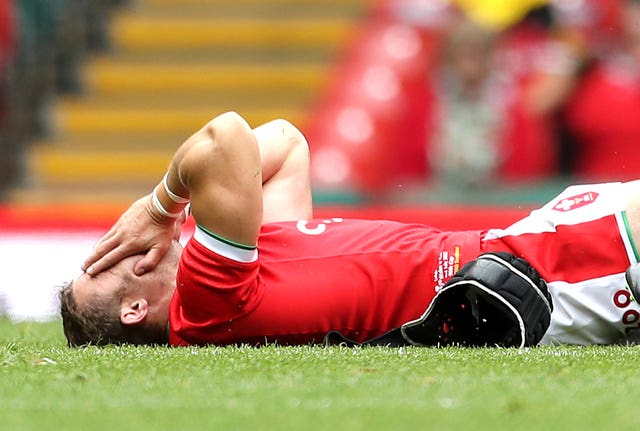 Leigh Halfpenny lies in pain against Canada