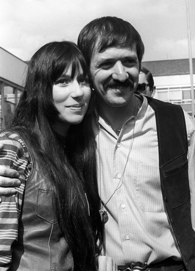 American pop singers Sonny and Cher on arrival at Heathrow Airport, London, from the USA in 1967