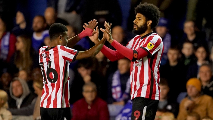 Sunderland goalscorers Amad Traore, left, and Ellis Simms celebrate Simms’ opener (Martin Rickett/PA)