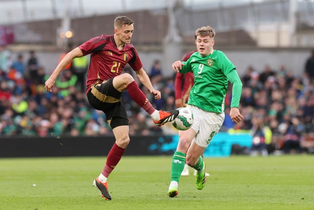 Republic of Ireland striker Evan Ferguson in action against Belgium