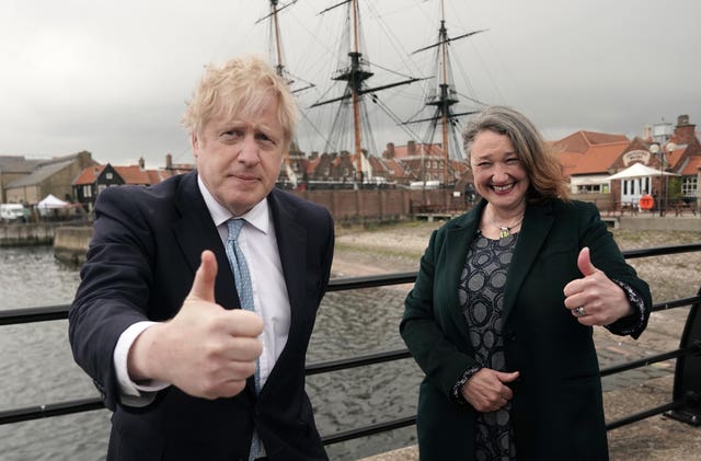 Prime Minister Boris Johnson and newly elected MP Jill Mortimer at Jacksons Wharf in Hartlepool, County Durham, following Ms Mortimer’s victory in the Hartlepool parliamentary by-election