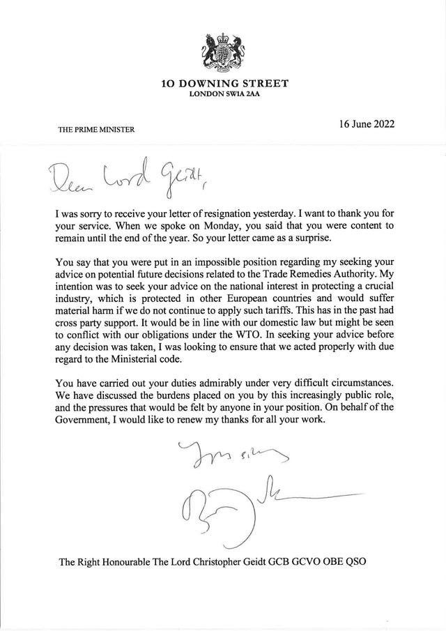A Downing Street handout photo of the resignation letter by Boris Johnson to Lord Christopher Geidt 