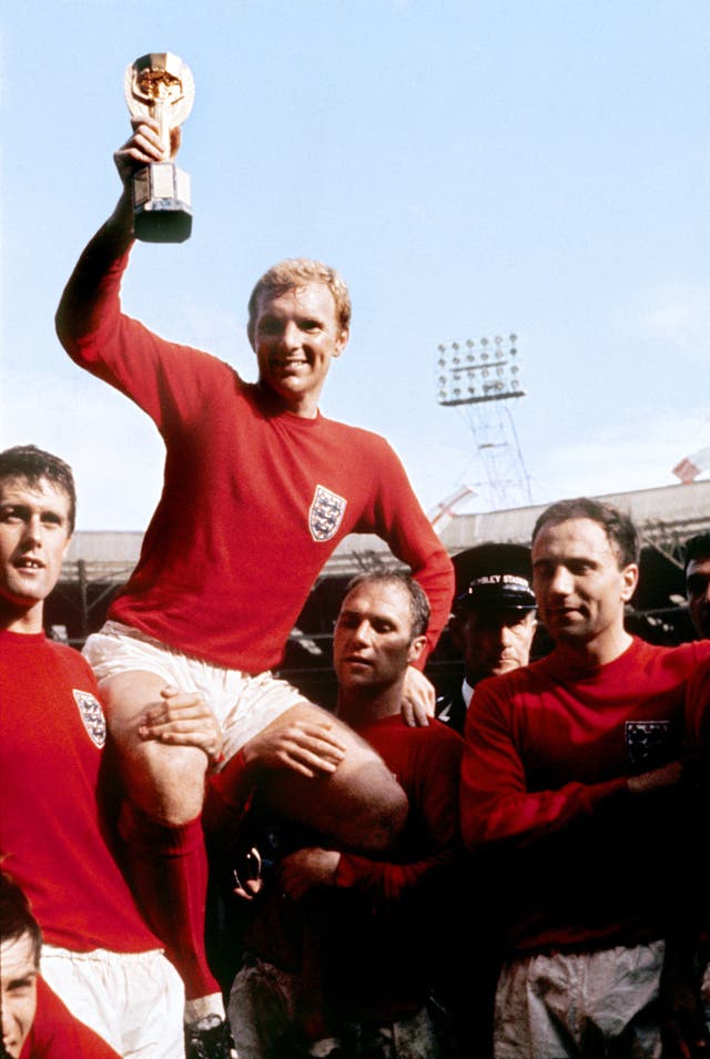 Bobby Moore, top, lifts the World Cup